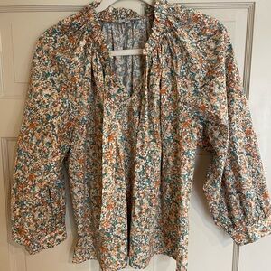 Rails Cream and Orange Ruffled Bib Collar Blouse